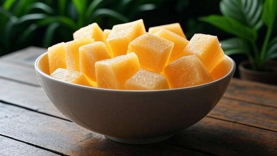 Bowl of antioxidant-rich yellow watermelon cubes on a wooden table with plants