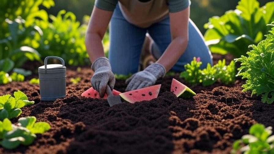 "Step-by-step planting of All Sweet Watermelon seeds in a soil mound with garden tools in a lush green setting." 