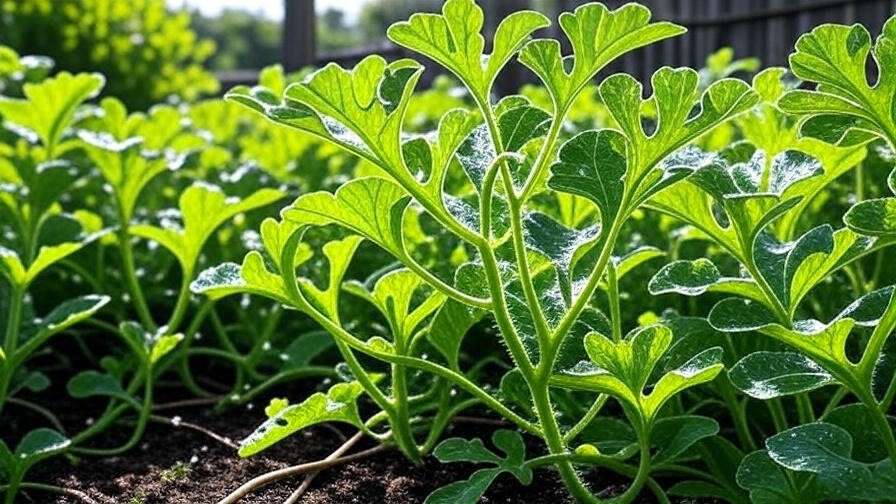 "Drip irrigation system watering healthy Orangeglo watermelon vines in a sunny garden". 