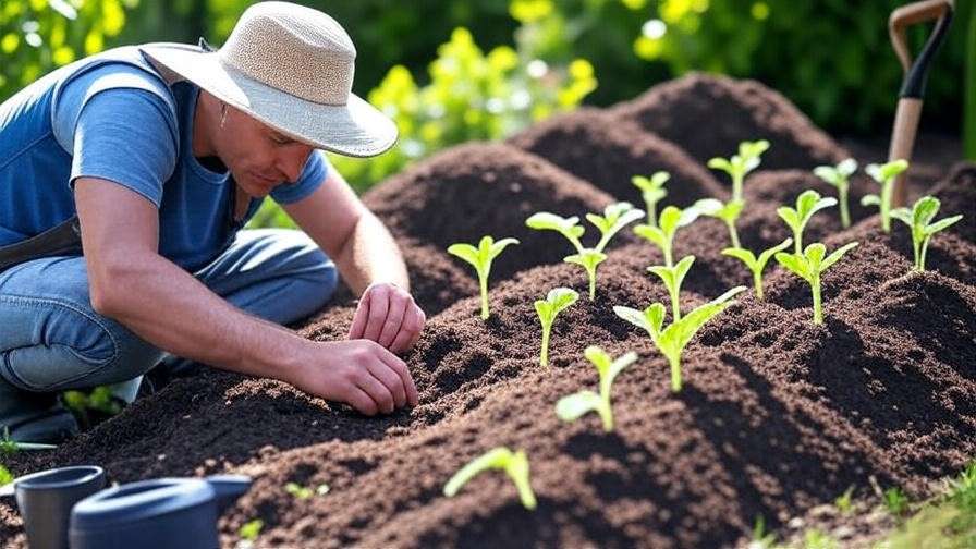"Gardener planting rattlesnake watermelon seeds in sunny garden soil hills."
