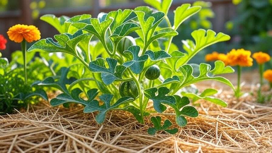 "Watermelon vine with developing fruits and marigold companion plants in a mulched garden