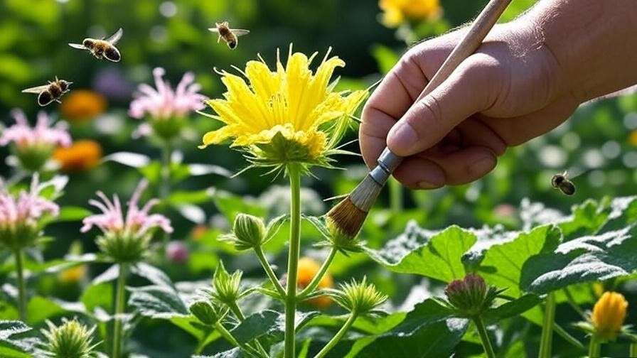 Gardener hand-pollinating watermelon flower with bees and bee balm in background