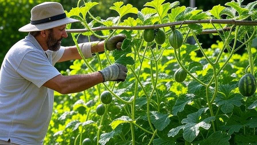 Gardener pruning Crimson Sweet watermelon vines on a trellis in a sunny garden."