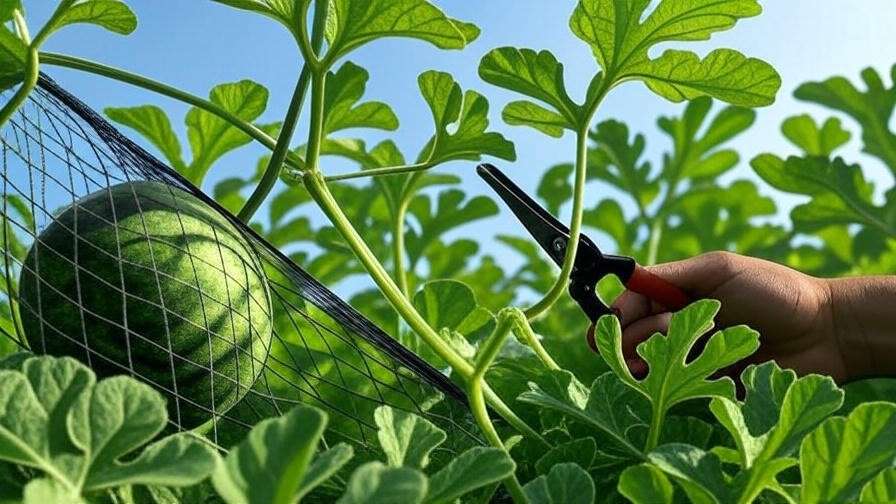  "Pruning an All Sweet Watermelon vine with shears, net sling supporting fruit in a sunny garden." 