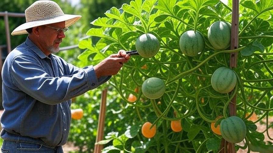 "Gardener pruning Orangeglo watermelon vines on a trellis in a lush garden". 