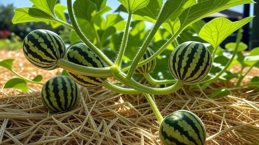 "Trellised rattlesnake watermelon vine with supported fruits and mulch."
