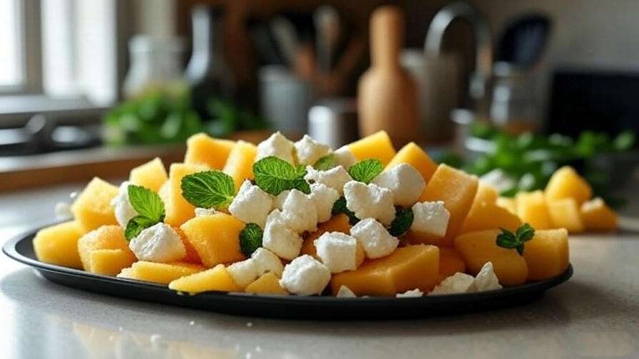"Preparation of yellow watermelon salad with feta and mint on a kitchen countertop" 