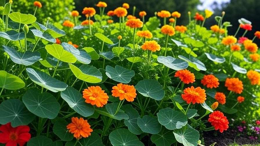 "Marigolds and nasturtiums companion planted with All Sweet Watermelon vines in a vibrant garden."