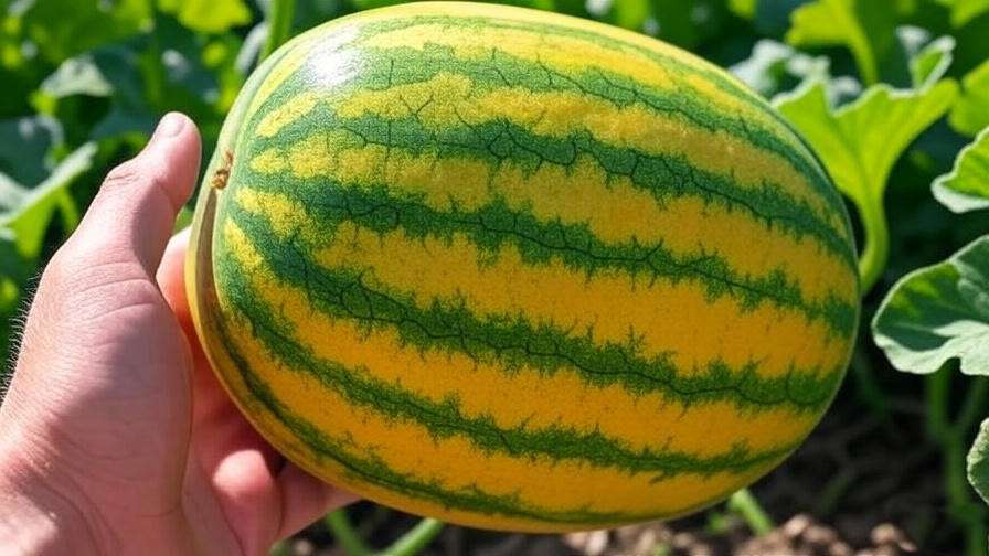  "Close-up of ripe Orangeglo watermelon with yellow underside being tapped in a garden". 