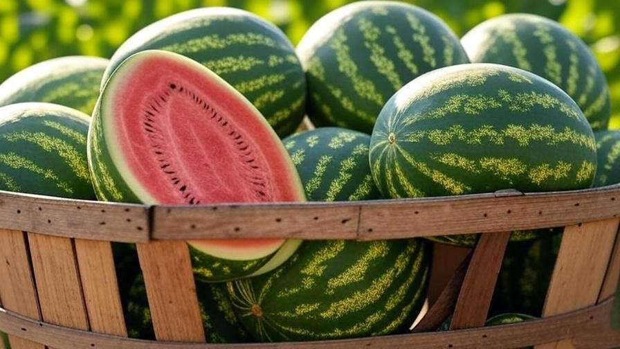 Basket of freshly harvested watermelons with one cut open showing red flesh