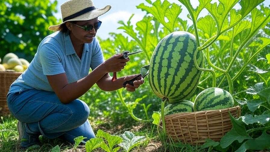 "Gardener harvesting a ripe Crimson Sweet watermelon with shears in a garden."