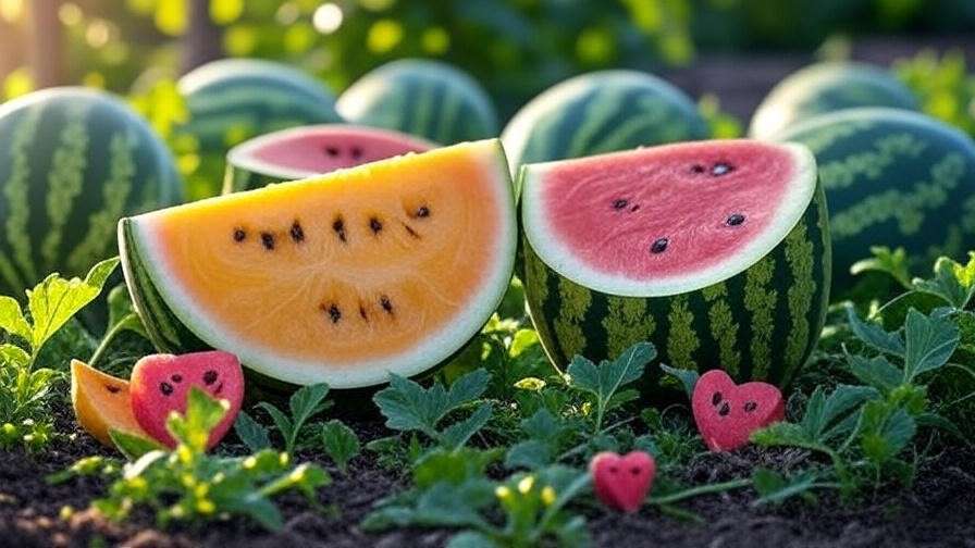 Visual comparison of yellow and red watermelon with health symbols in a garden"