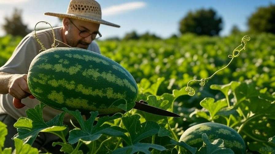 "Gardener harvesting ripe All Sweet Watermelon with yellow belly in a sunlit field." 