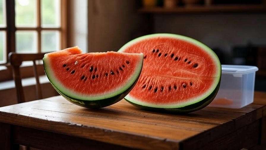 "Sliced Orangeglo watermelon on a table with a storage container in a bright kitchen".