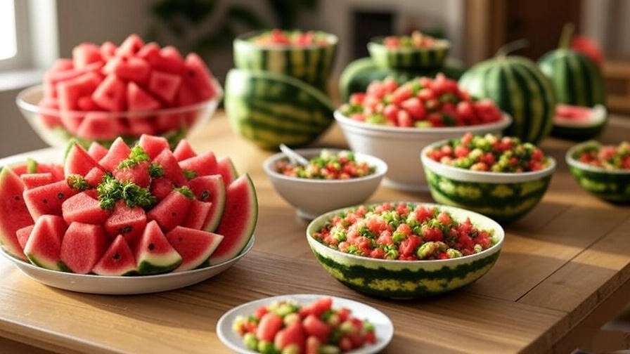 Variety of watermelon dishes including salad, smoothie, and salsa on a wooden table