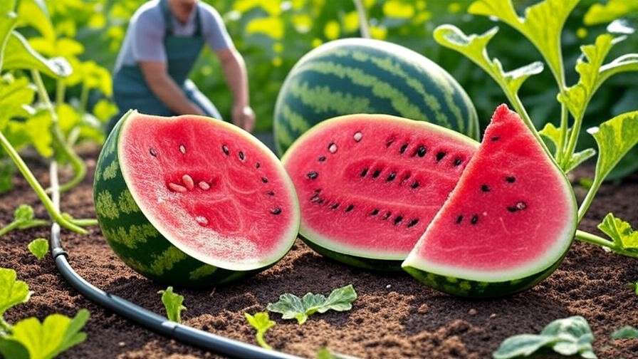 "Split and healthy All Sweet Watermelon with gardener adjusting drip irrigation in a garden." 