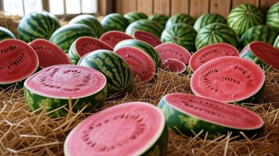  "Storage area with whole and cut Crimson Sweet watermelons on straw bedding." 