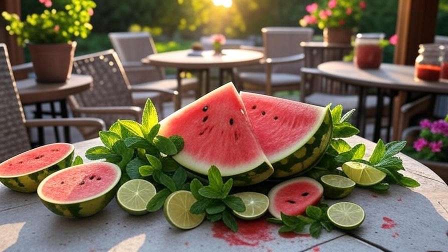 "Sliced All Sweet Watermelon in smoothie and salsa with fresh ingredients on an outdoor patio.