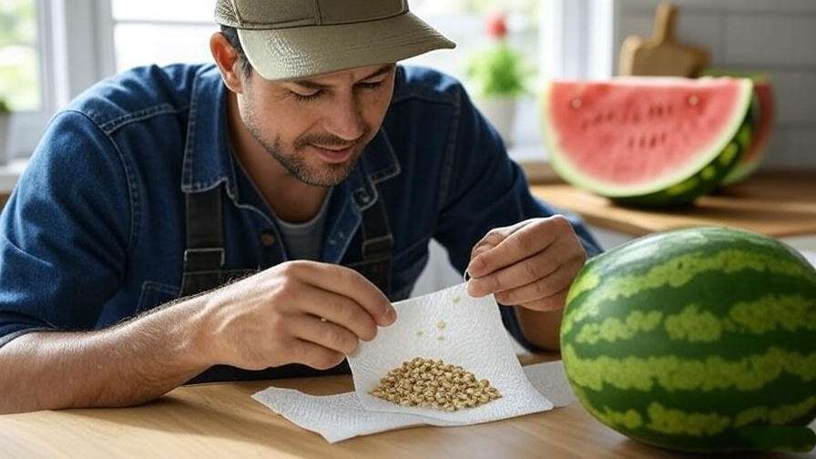 "Gardener saving Crimson Sweet watermelon seeds drying on a paper towel."