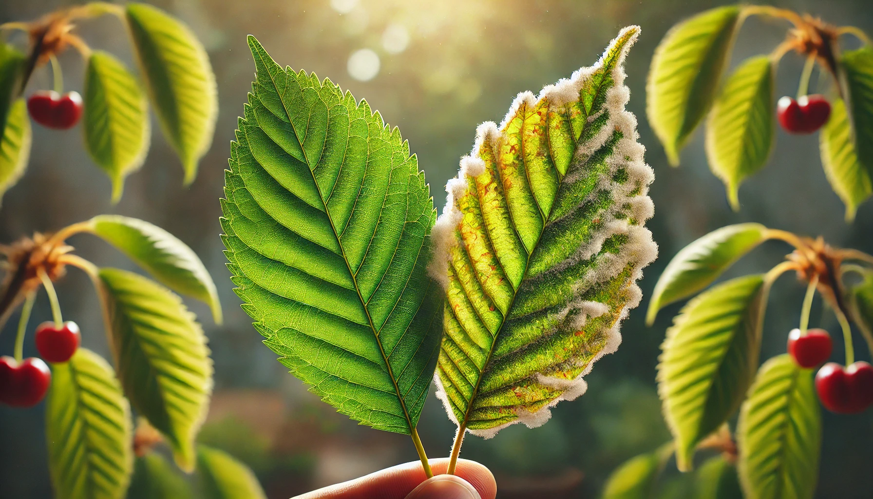 A hand holds two contrasting leaves: one vibrant green and healthy, the other brown and covered with white mold, against a blurred background.