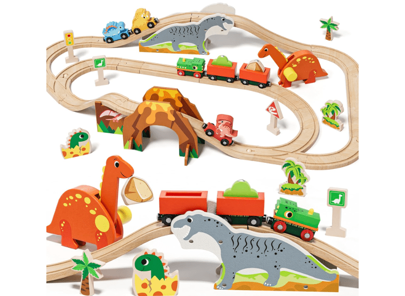 Lehoo Castle Wooden Train Set, Dinosaur Wooden Train Track Set, Wood Toy Train Set for Toddlers 2-4, Train Toys for Toddlers 3-5, Fits Thomas, Fits Brio