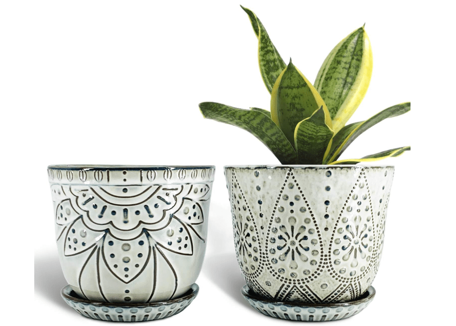 
Gepege 6 Inch Beaded Ceramic Planter Set of 2 with Drainage Hole and Saucer for Plants, Indoor-Outdoor Large Round Succulent Orchid Flower Pot
