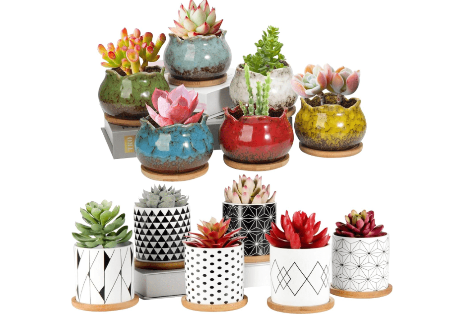 Laerjin 6-Pack Succulent Pots Bundle: 3" & 4" Ceramic Planters with Bamboo Trays, Drainage Holes & Modern Designs