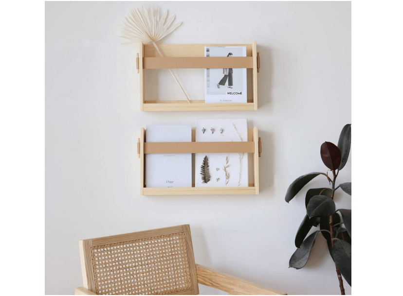 
FIRADE Wall-Mounted Magazine Holder With PU Leather Strap,Wood Magazine rack,File Organizer For Entryway, Office,Living Room, Waiting Room