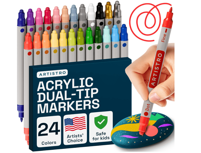 
ARTISTRO Vibrant Acrylic Paint Markers for Rock, Fabric, Glass, Wood, Paper, Ceramic, Canvas & More - 24 Dual-Tip Paint Pens (Dot & Fine) - Quick.