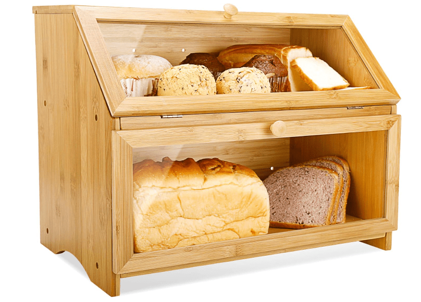 
HOMEKOKO Double Layer Large Bread Box for Kitchen Counter, Wooden Large Capacity Bread Storage Bin (Natural Bamboo