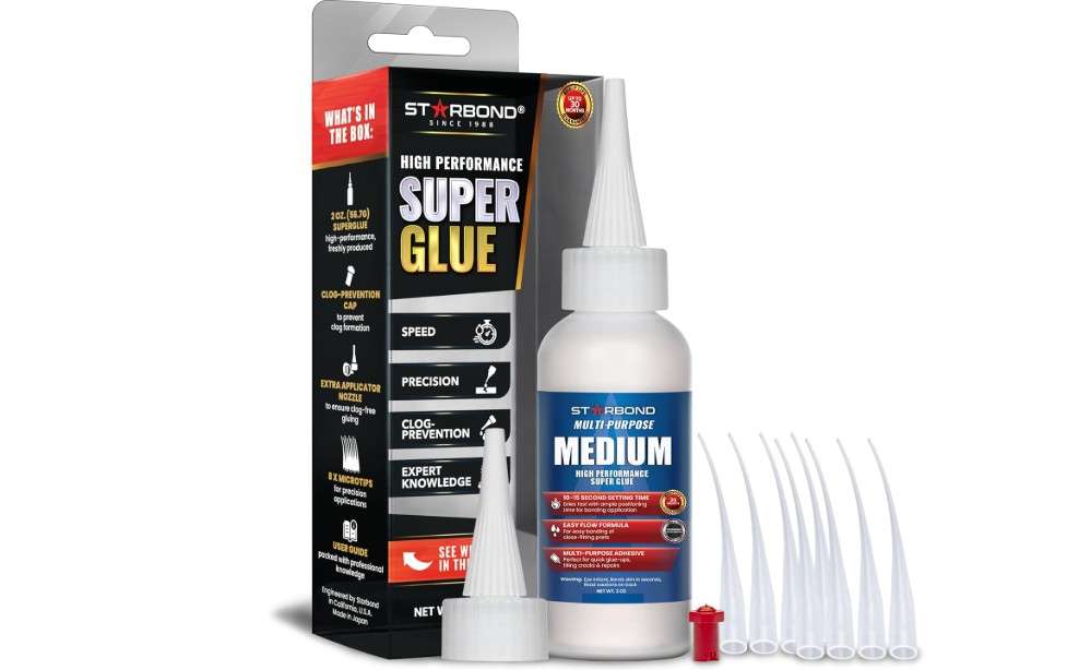 Starbond Medium Super Glue Pro Kit (2 oz) – Strong, Fast-Bonding CA Glue (Cyanoacrylate Adhesive) – with Clog-Resistant Cap, Microtips & Extra Nozzle.
