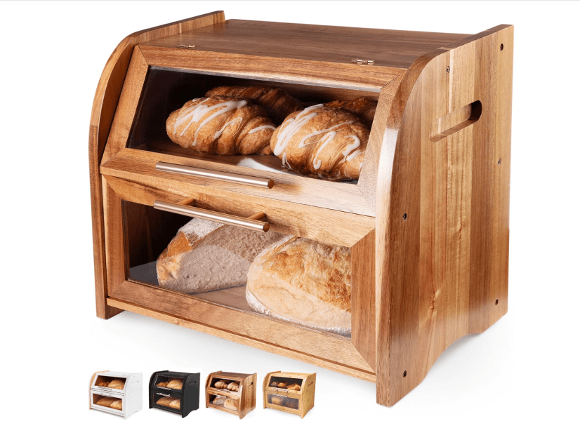 
Arise Stylish Acacia Bread Box for Kitchen Countertop, Extra Large 2-Shelf Wooden Bread Storage Container with Clear Windows and Air Vents Keep Bread,