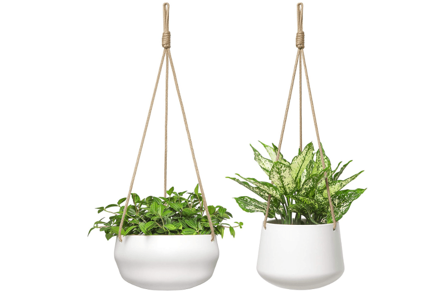  Mkono Ceramic Hanging Planter of Shallow 8 Inch and Deep 6 Inch for Indoor Outdoor Plants, Set of 2 Modern Plant Pot Geometric Porcelain Hanging Basket with