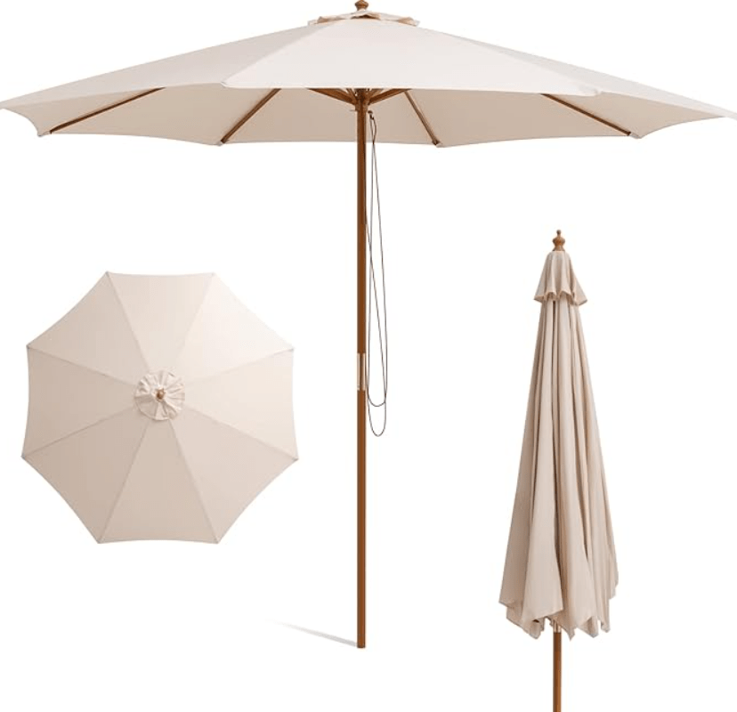 HAPPYGRILL 10 FT Wooden Patio Umbrella with Rope Pulley Lift, 8 Bamboo Rib