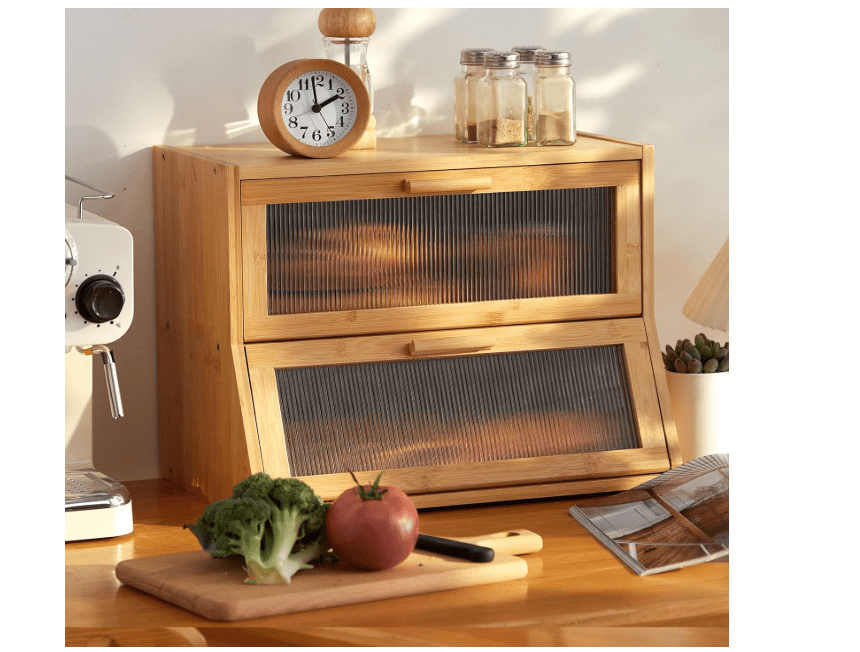 
GHWIE Double Layer Bamboo Bread Box for Kitchen Counter,Large Capacity Bread Storage Bin,Bread Container with Acrylic Wavy Door Panel (Natural,