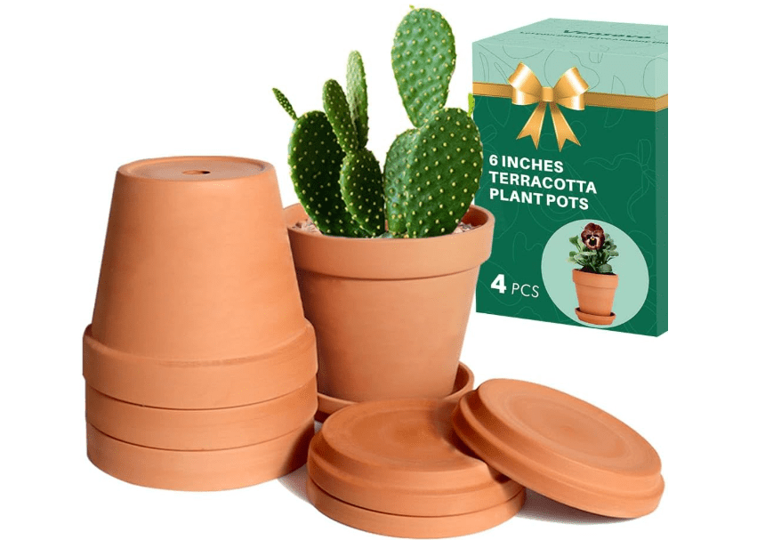
vensovo 6 Inch Terracotta & Clay Pots for Plant with Saucer - 4 Pack Medium Terra Cotta Planter with Drainage Hole, Flowerpot for Indoor Outdoor Plants