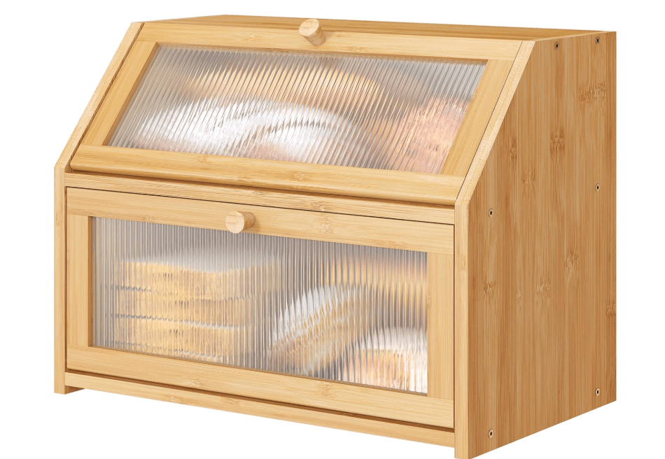 Vriccc Bread Box for Kitchen Counter, Large Bamboo Wood Double Layer Bread Box, Wooden Bread Storage Capacity