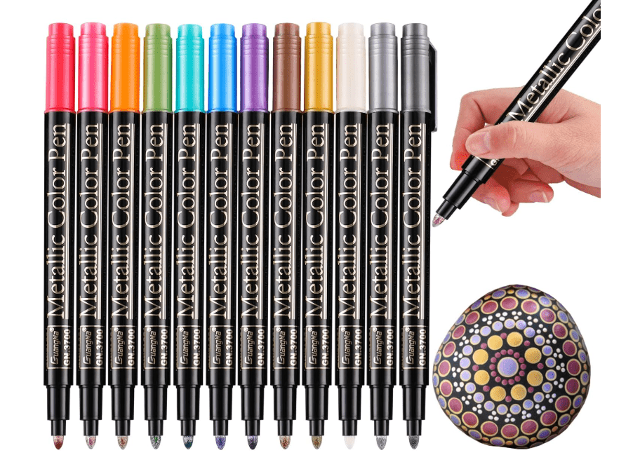 
Sunshilor Metallic Marker Pens, 12 Colors Medium Point Metallic Pens Paint Markers for Black Paper, Rock Painting, Card Making, DIY Photo Album, 