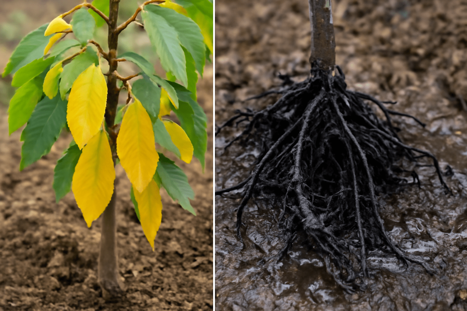 Split image: Left shows a plant with green and yellow leaves, rooted in soil. Right shows exposed roots in muddy water, suggesting poor drainage.