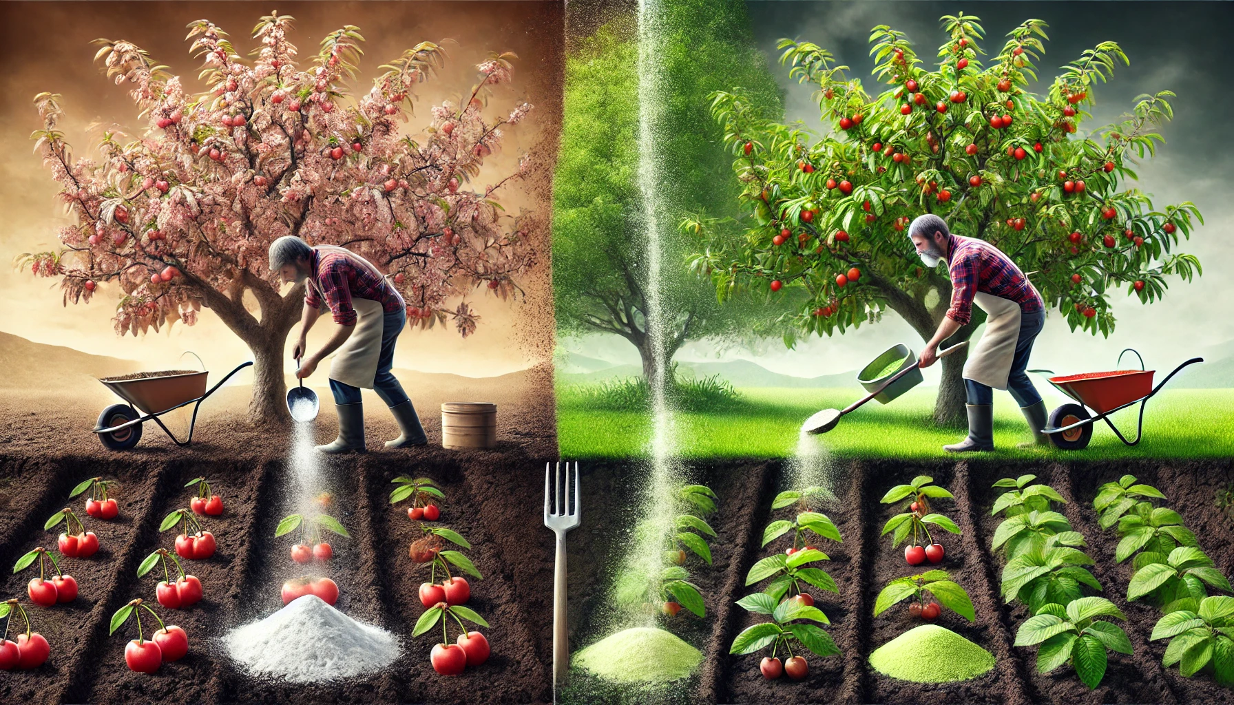 A farmer tending to vibrant orchards, mixing fertilizer and nurturing growing cherry and strawberry plants on opposite sides of the image.