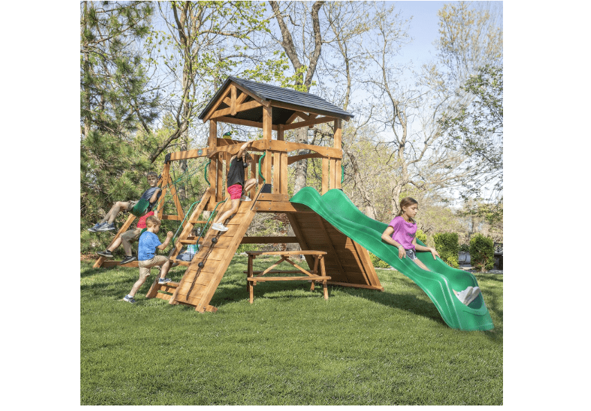 Backyard Discovery Endeavor II Cedar Wood Swing Set with Wave Slide, Play Deck, Double Rock Wall, Picnic Table, Climbing Wall, Belt Swings, Web Swing, Toy.