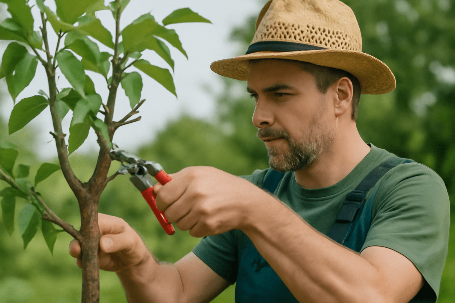A person in a straw hat prunes a small tree using gardening shears, surrounded by lush green foliage.