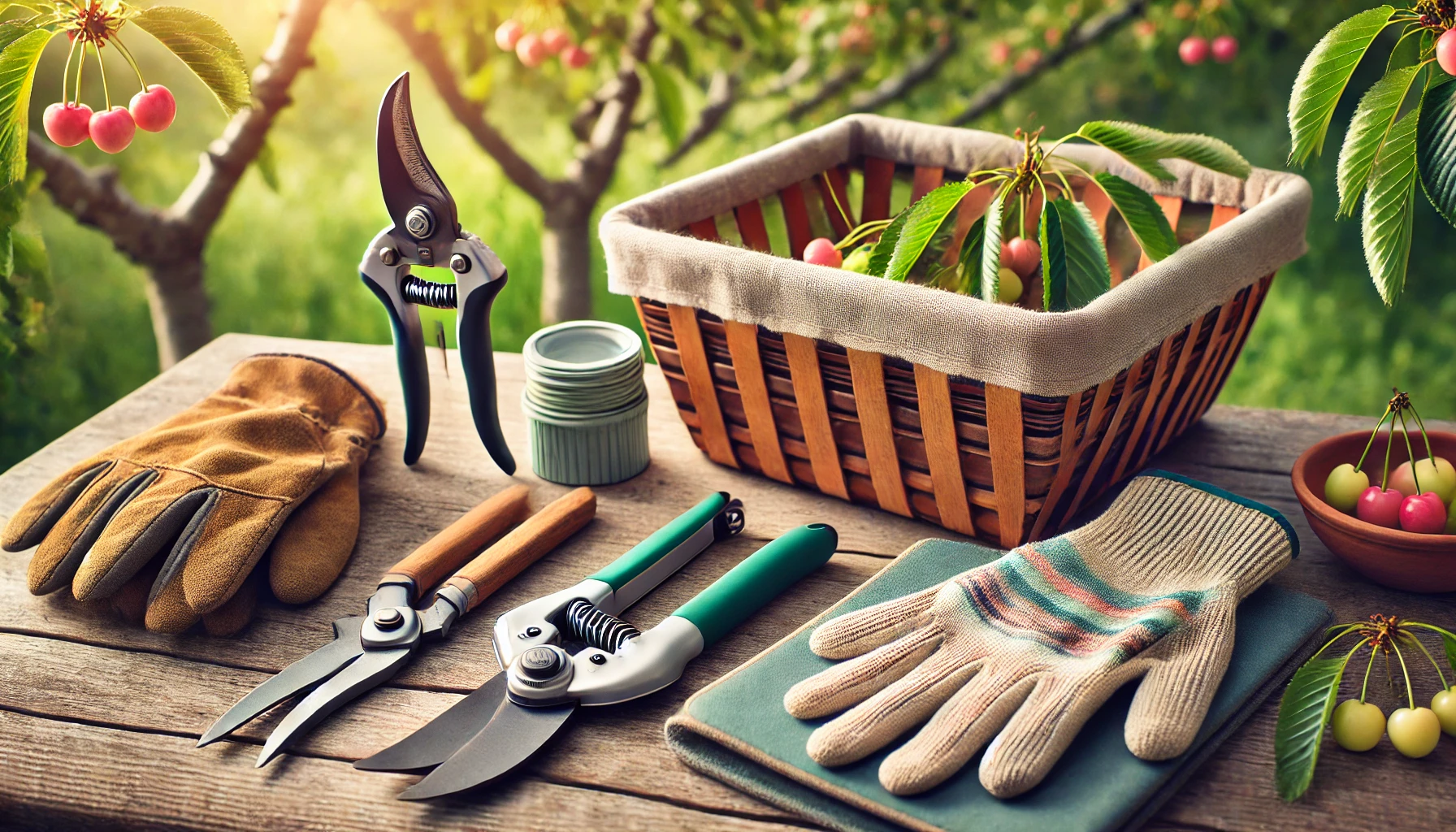 A wooden table displays gardening tools, gloves, a basket with leaves, and cherries in a bowl, set against a green, sunny background.