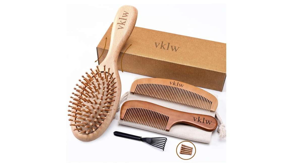 vklw Wooden Hair Brush and Comb, One-piece Design, Reduce Frizz and Static, Massage Scalp, Detangling Paddle Hairbrush for Women, Girls, Kids, Includes...