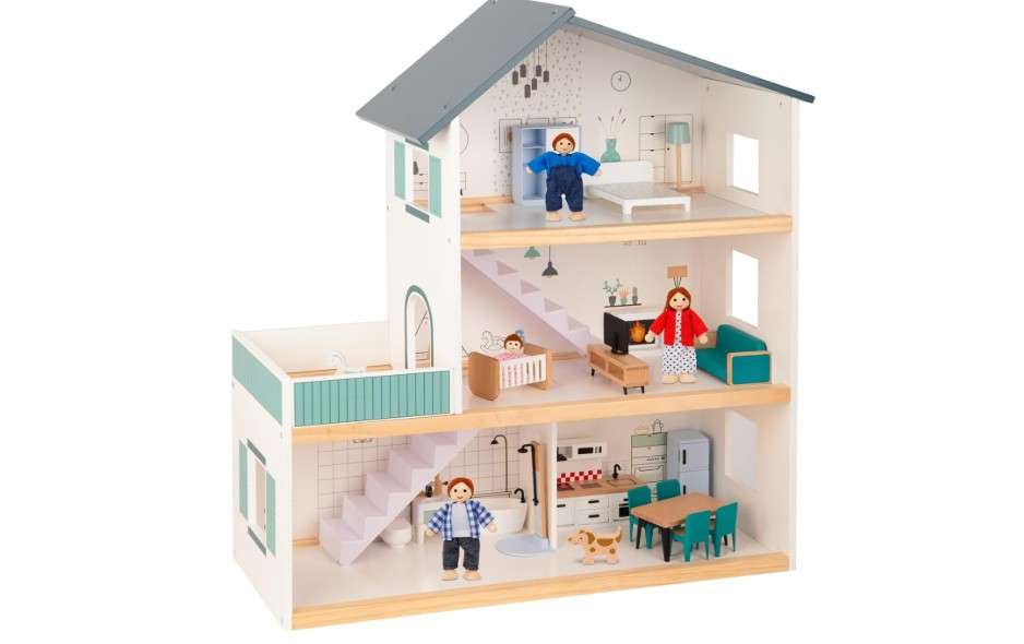  OOOK Wooden Dollhouse for Kids, Doll House with Simulated Luxury Furniture Set, Dollhouse Playset for Girls Toddlers (Including 4 Family Dolls and a Dog) 