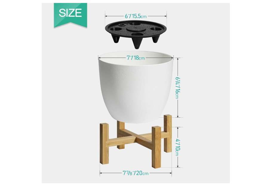  T4U 7 Inch Self Watering Plastic Plant Pot with Bamboo Stand Set of 2, White, Indoor, 0.5 Gallon