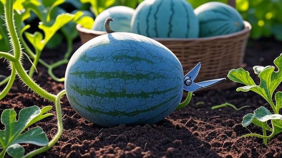 Harvesting a ripe blue watermelon with shears and a basket of picked fruits.