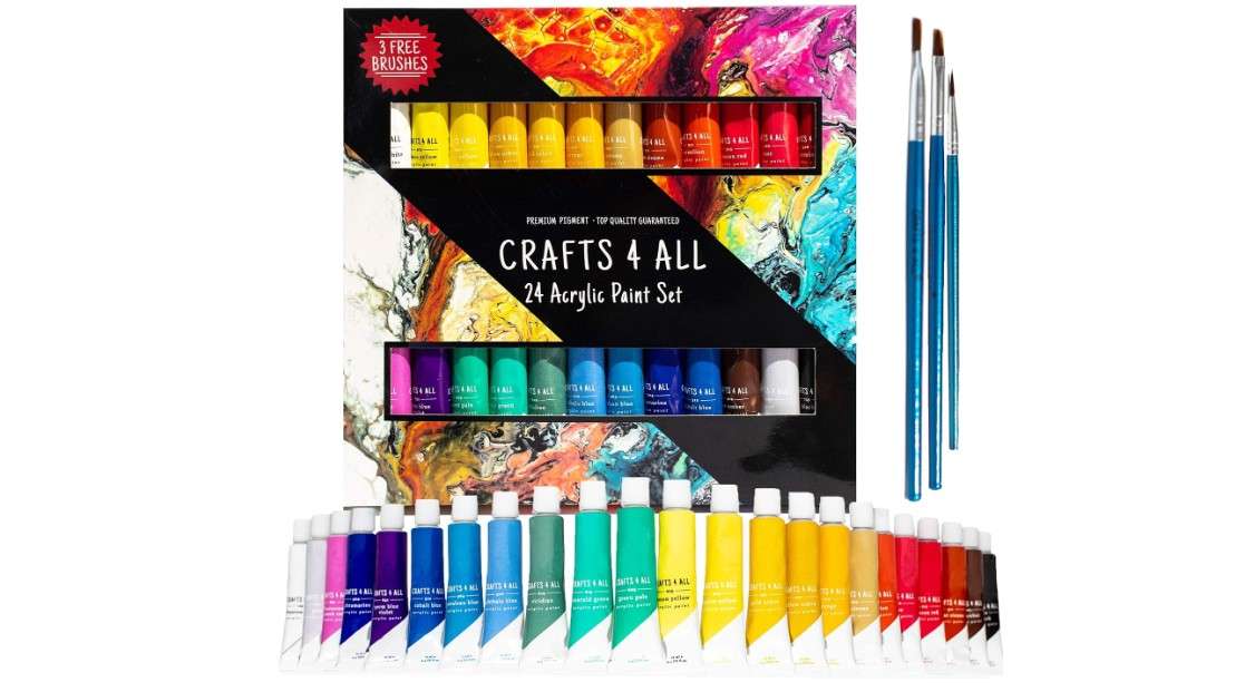 Acrylic Paint Set for Adults and Kids - 24 Pack of 12mL Paints with 3 Art Brushes, Non-Toxic Craft Paint for Easter Eggs, Ceramic Rock Paint - Art Supplies