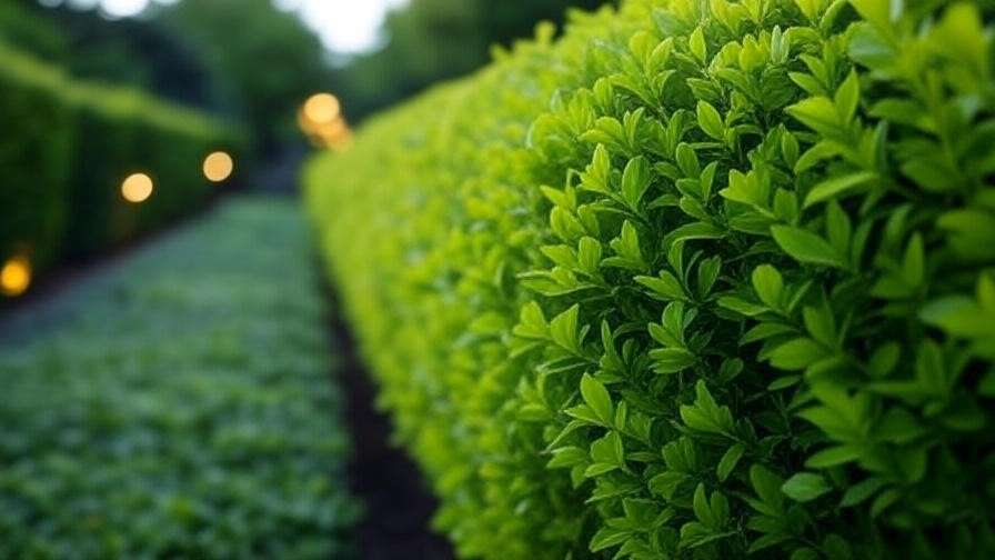 Pruned Japanese blueberry hedge in a landscaped garden with vibrant foliage and pathway.