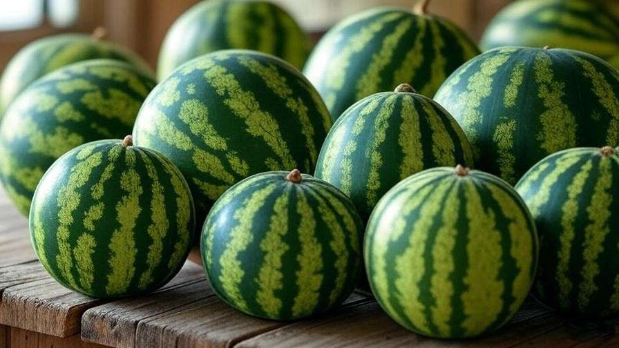Close-up of mini watermelon varieties like Sugar Baby and Golden Midget on a wooden table.